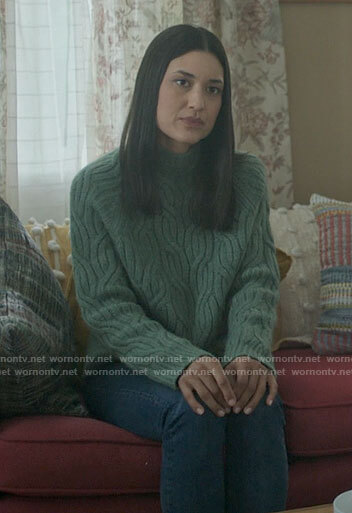 Angela’s green cable knit sweater on Dexter New Blood