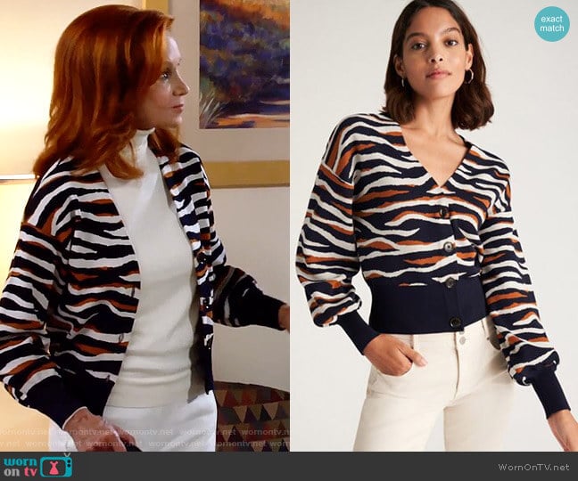 Ann Taylor Tiger Print V-Neck Cardigan worn by Sheila (Swoosie Kurtz) on Call Me Kat