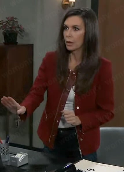 Anna’s red snap button jacket on General Hospital