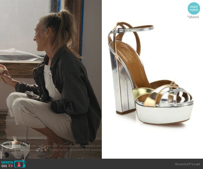Luna Metallic Sandals by Aquazzura worn by Carrie Bradshaw (Sarah Jessica Parker) on And Just Like That