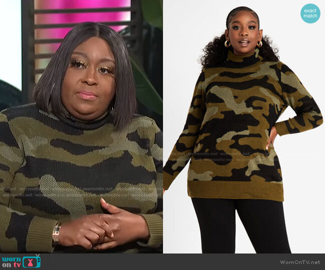 Camo Mock Neck Tunic Sweater by Ashley Stewart worn by Loni Love on E! News