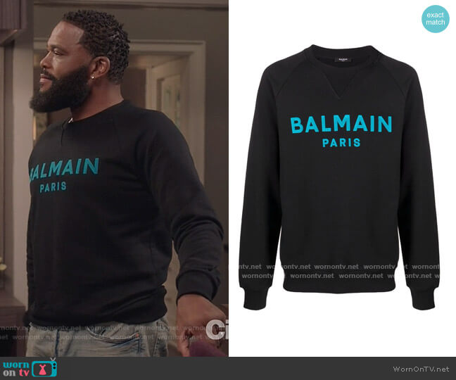 Flocked Logo Cotton Sweatshirt by Balmain worn by Andre Johnson (Anthony Anderson) on Blackish
