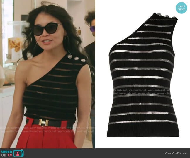 Striped One-Shoulder Top by Balmain worn by Jennie Nguyen on The Real Housewives of Salt Lake City