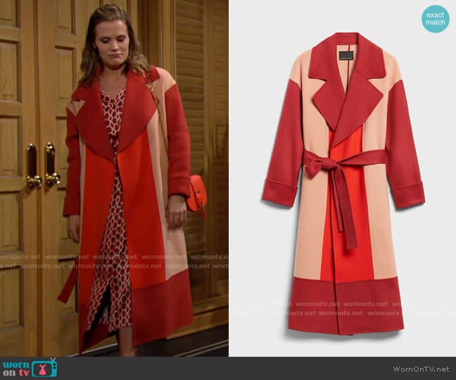 Banana Republic x Harbison Italian Wool & Cashmere Color-Block Robe Coat worn by Chelsea Lawson (Melissa Claire Egan) on The Young & the Restless