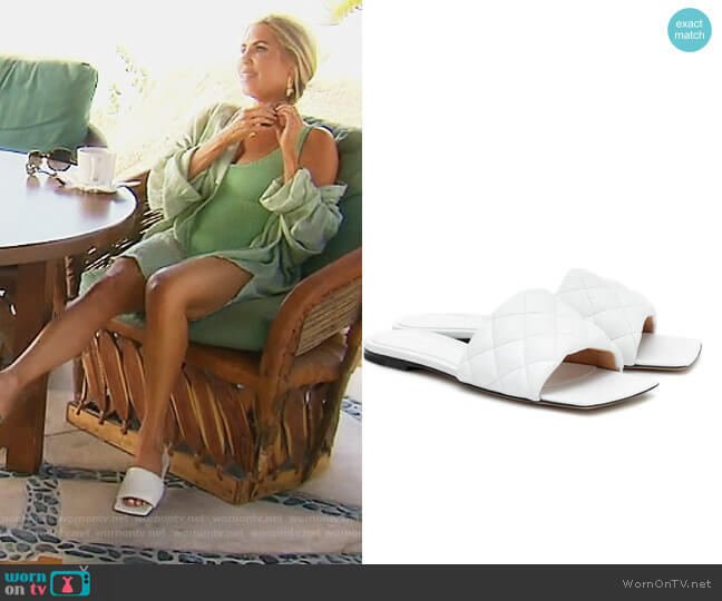 Padded leather sandals by Bottega Veneta worn by Dr. Jen Armstrong  on The Real Housewives of Orange County