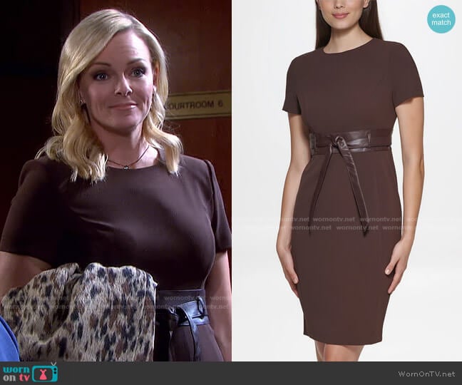 Pleather Belt Sheath Dress by Calvin Klein worn by Belle Brady (Martha Madison) on Days of our Lives