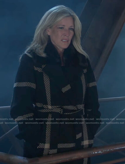 Carly's navy check wrap coat on General Hospital