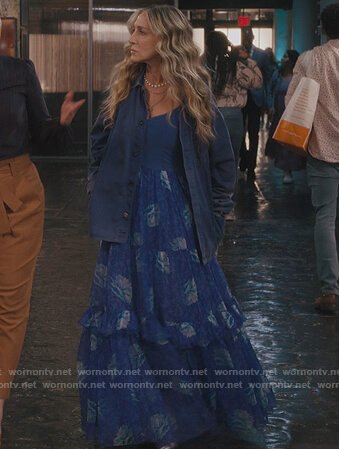 Carrie's blue printed dress on And Just Like That
