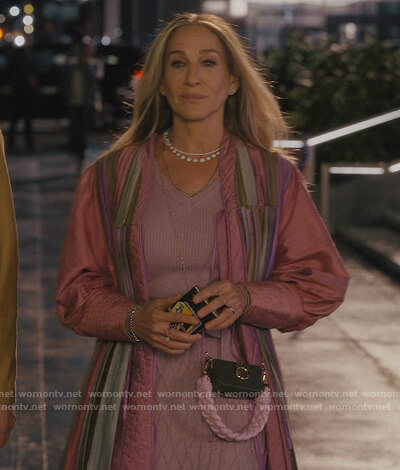 Carrie’s pink striped caftan on And Just Like That