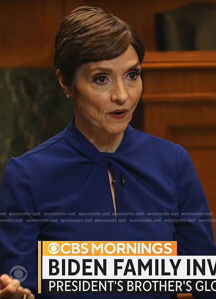Catherine Herridge's blue twist neck dress on CBS Mornings
