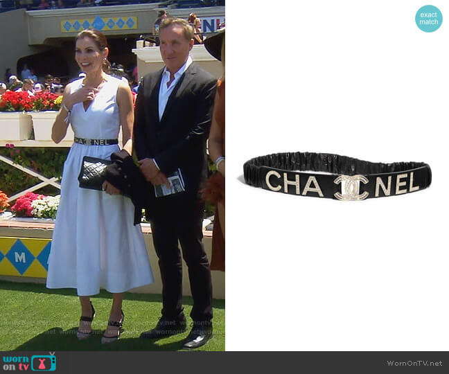 Lambskin Crystal Logo Belt by Chanel worn by Heather Dubrow  on The Real Housewives of Orange County