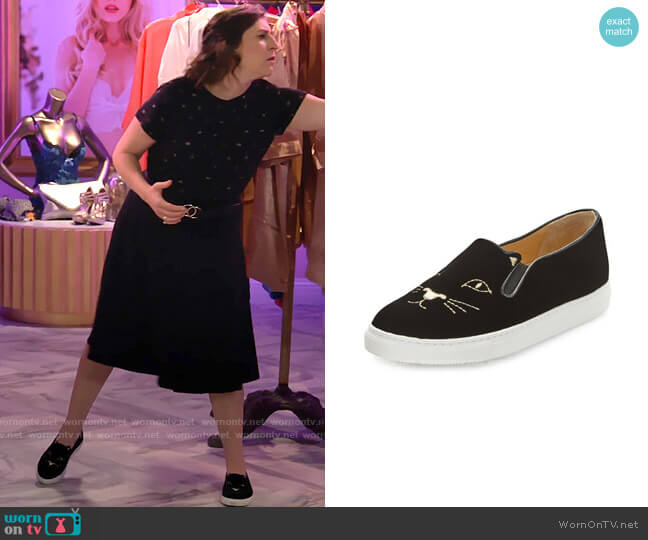 Charlotte Olympia Cool Cats Velvet Slip-On Sneaker worn by Kat Silver (Mayim Bialik) on Call Me Kat