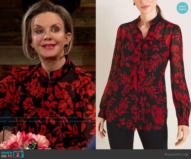 Chicos  Floral-Print Ruffle-Front Blouse worn by Gloria Abbott Bardwell (Judith Chapman) on The Young and the Restless