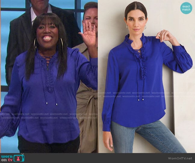 Sandwashed Satin Ruffle Blouse by Chico's worn by Sheryl Underwood on The Talk