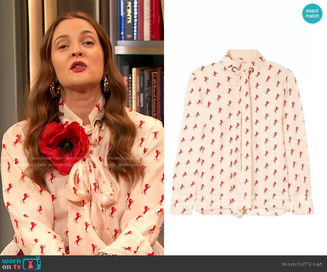Printed pussy-bow silk-crepe blouse by Chloe worn by Drew Barrymore  on The Drew Barrymore Show