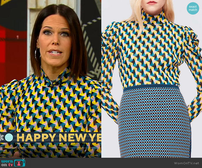 Diane von Furstenberg New Remy Mesh Top in Arrowhead worn by Dana Jacobson on CBS Mornings