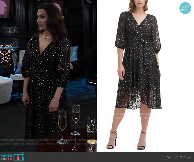 Metallic Clip Dot Faux Wrap Dress by DKNY worn by Holly Gagnier on General Hospital