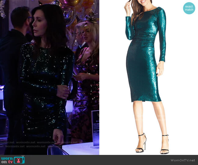 Emilia Sequin Long-Sleeve Ruched Dress by Dress the Population worn by Anna Devane (Finola Hughes) on General Hospital