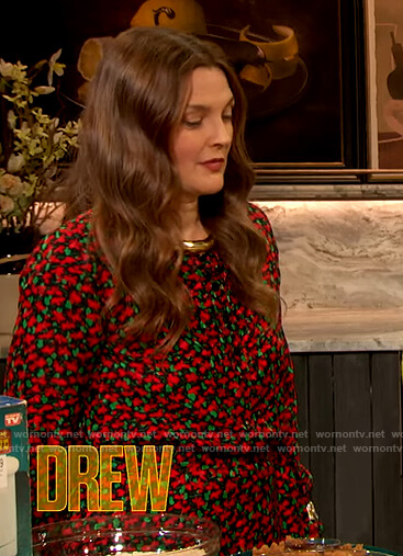 Drew’s black and red floral print dress on The Drew Barrymore Show