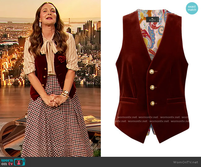 Velvet Vest by Etro worn by Drew Barrymore on The Drew Barrymore Show