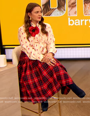 Drew's white horse print tie neck blouse on The Drew Barrymore Show
