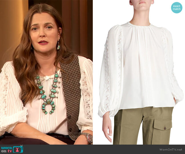 Silk Georgette Lace-Sleeve Top by Chloe worn by Drew Barrymore on The Drew Barrymore Show