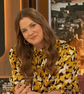 Drew Barrymore’s yellow butterfly print blouse on The Talk