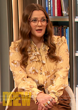 Drew's floral tie neck blouse on The Drew Barrymore Show