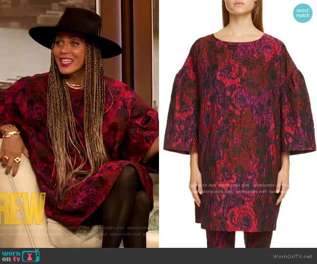 Delko Rose Bell Sleeve Cloque Shift Dress by Dries Van Noten worn by Nicole Ari Parker on the Drew Barrymore Show