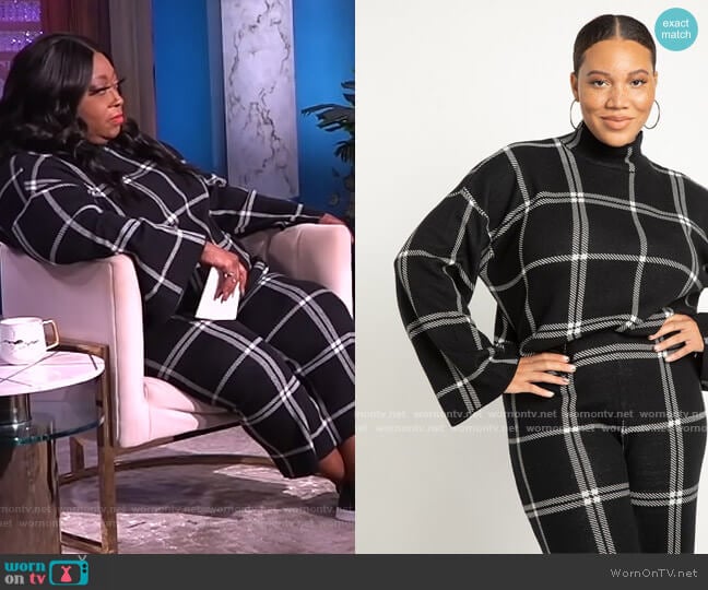 Mock Neck Windowpane Plaid Sweater and Pants by Eloquii worn by Loni Love on The Real