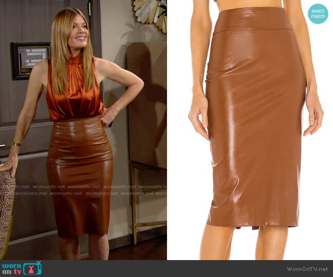 Enza Costa Vegan Leather Midi Skirt worn by Phyllis Summers (Michelle Stafford) on The Young and the Restless