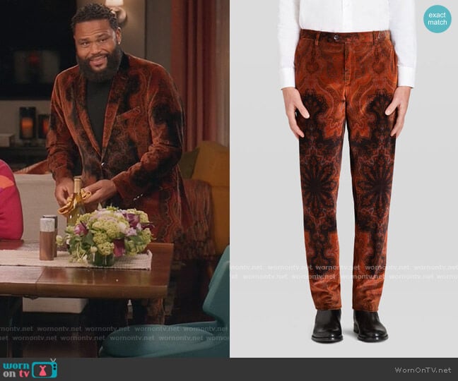 Paisley Print Velvet Trousers by Etro worn by Andre Johnson (Anthony Anderson) on Black-ish