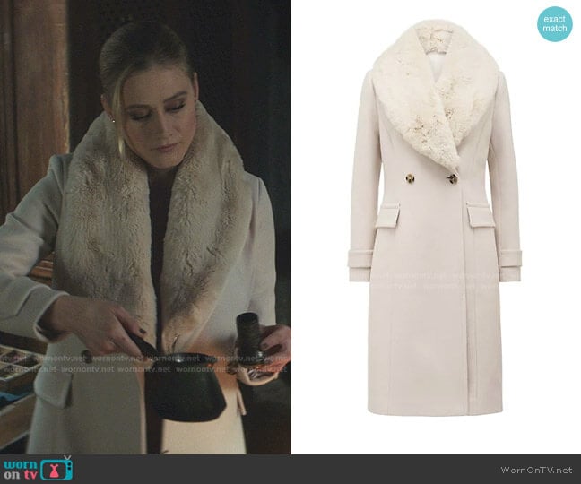 Lucy Faux Fur Collar Crombie Coat by Ever New worn by Olivia Taylor Dudley on Nancy Drew