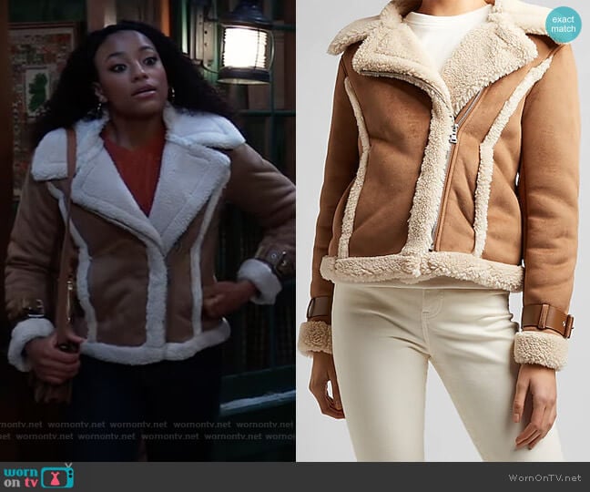 Faux Shearling Moto Jacket by Express worn by Trina (Sydney Mikayla) on General Hospital