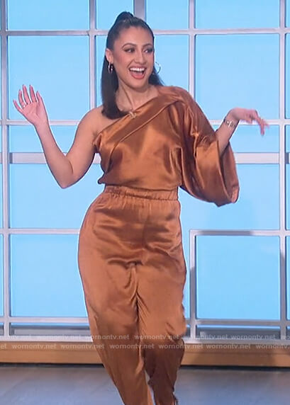 Francia Raisa’s bronze satin off shoulder top on The Talk