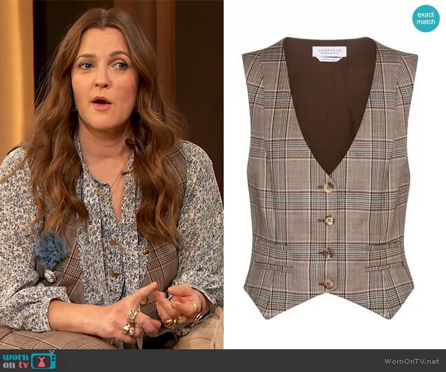 Zelos checked virgin wool vest by Gabriela Hearst worn by Drew Barrymore on The Drew Barrymore Show