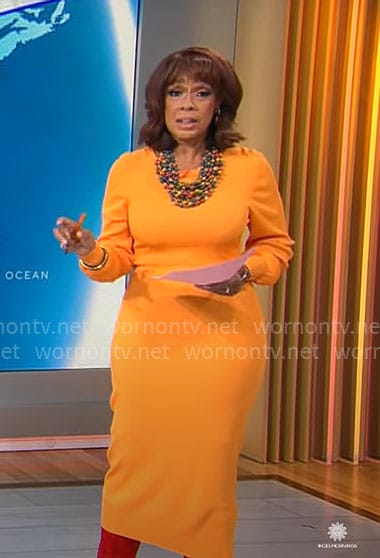 Gayle King’s orange midi sweater dress on CBS Mornings