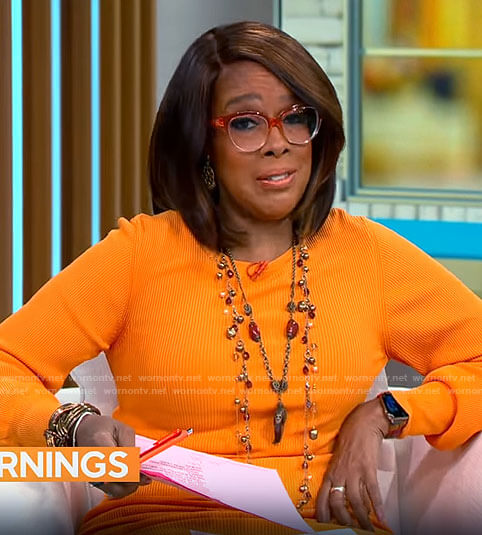 Gayle King’s orange midi sweater dress on CBS Mornings