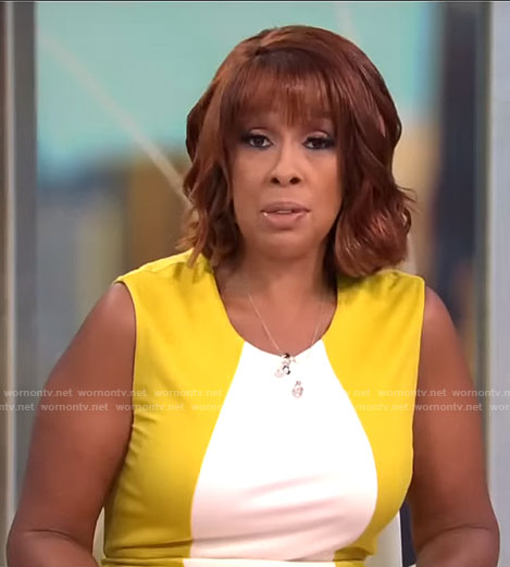 Gayle King’s yellow and white colorblock dress on CBS Mornings