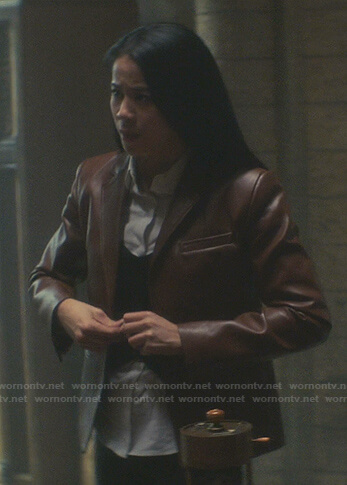George's brown leather blazer on Nancy Drew