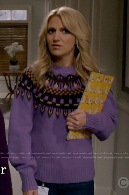 Gina's purple fair isle sweater on B Positive