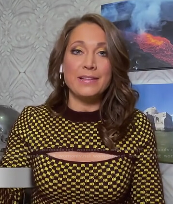 Ginger Zee’s yellow and brown checkered cutout sweater on The View