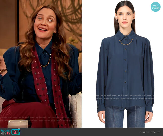 Silk Crepe Shirt with Chain by Givenchy worn by Drew Barrymore on The Drew Barrymore Show