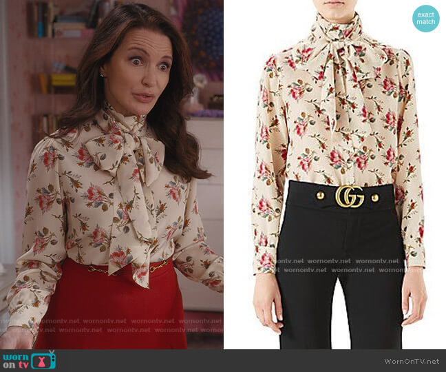 Rose Print Tie Neck Blouse by Gucci worn by Charlotte York (Kristin Davis) on And Just Like That