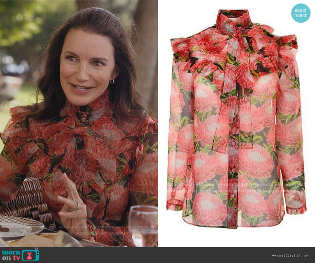 Floral Print Silk Blouse by Gucci worn by Charlotte York (Kristin Davis) on And Just Like That