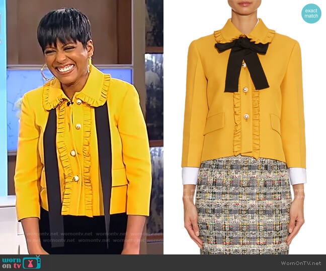 Ruffled Trim Silk Blend Jacket by Gucci worn by Tamron Hall on Tamron Hall Show