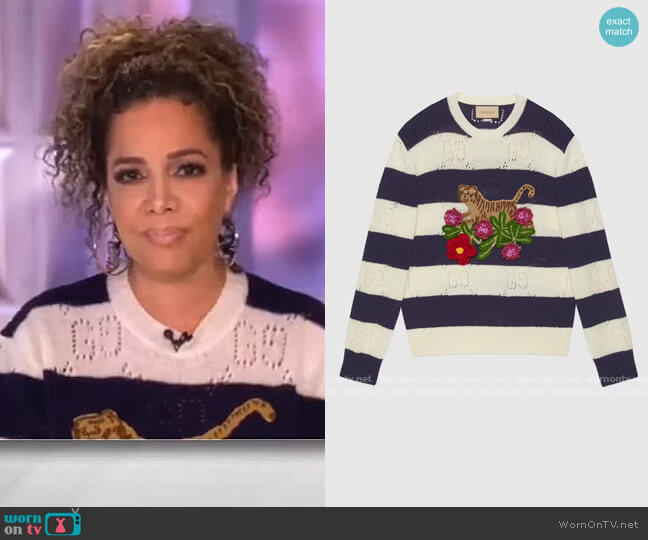 Tiger-embroidered striped wool sweater by Gucci worn by Sunny Hostin on The View