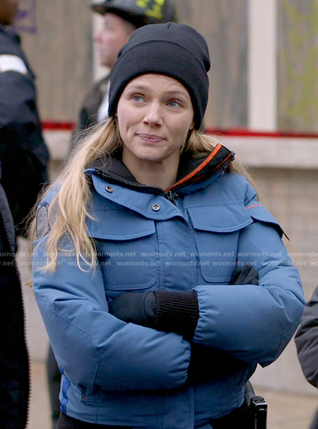 Hailey’s blue puffer jacket on Chicago PD