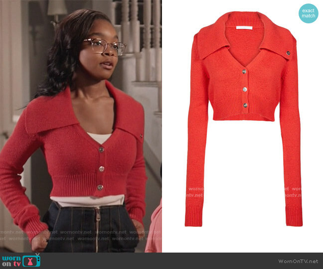 Cropped cotton and wool cardigan by Helmut Lang worn by Diane Johnson (Marsai Martin) on Blackish