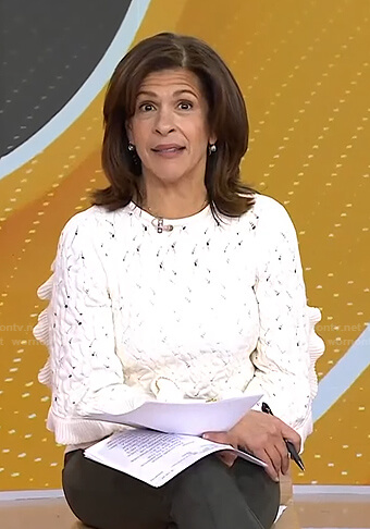 Hoda’s white cable knit ruffle sweater on Today